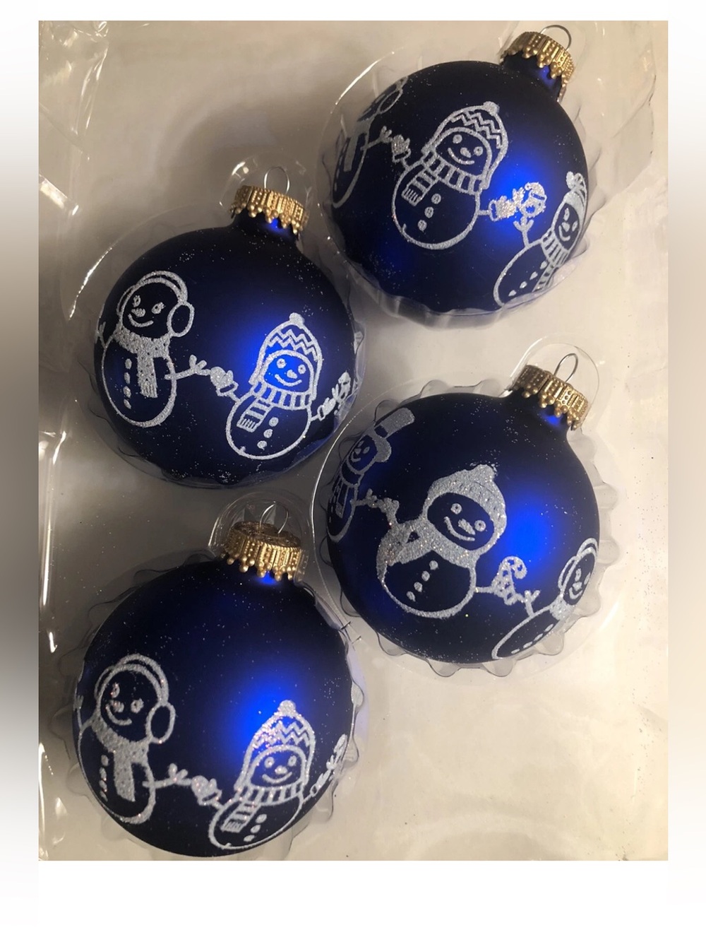 Krebs Christmas Ornament Set 4 Glittery Snowman Royal Blue Glass Ball
